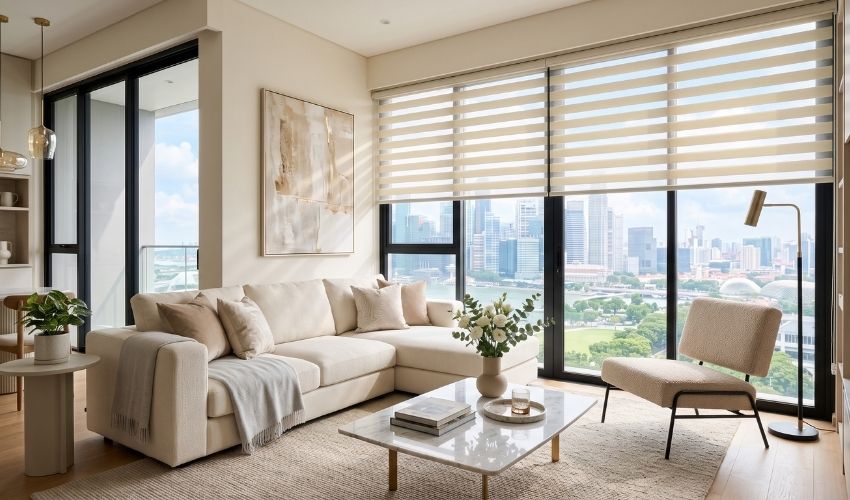 Korean blinds providing adjustable privacy in a modern Sengkang home, Singapore.