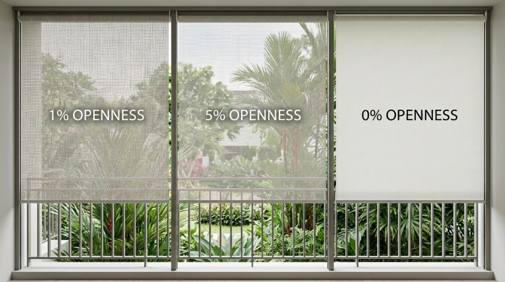 Comparison of 1 percent, 5 percent and 0 percent openness outdoor blind fabrics