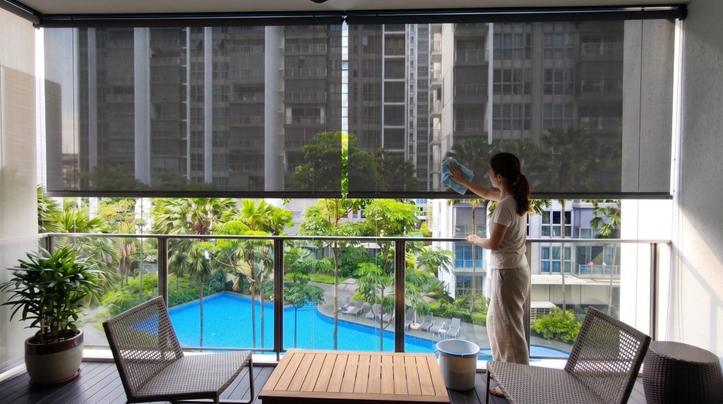 Homeowner cleaning outdoor roller blind fabric on a Singapore condo balcony