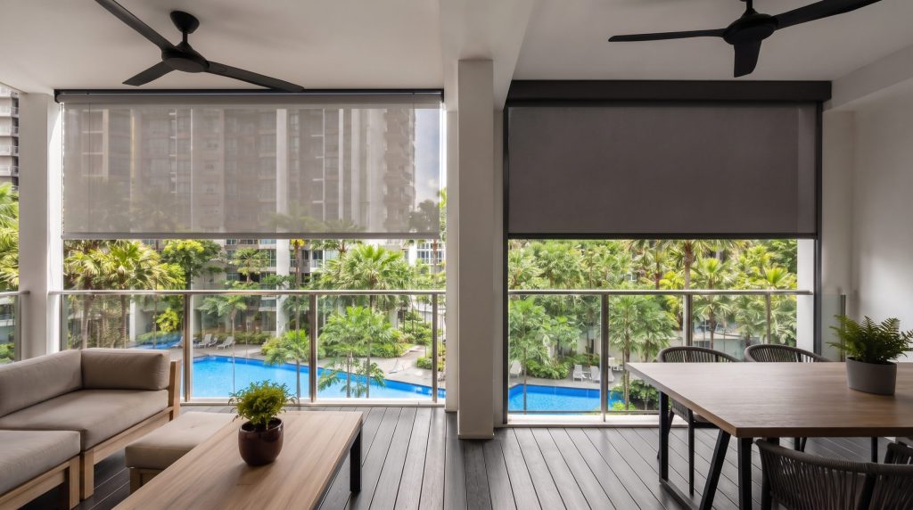 ZipScreen and outdoor roller blinds installed on a modern Singapore condo balcony.
