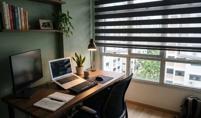 80-90% blackout Korean blinds creating a focused home office environment, Toa Payoh