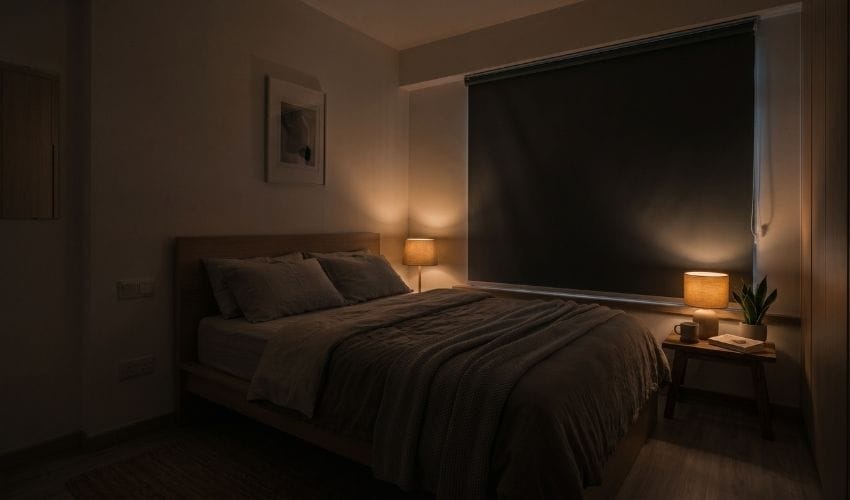 Blackout roller blind fully lowered in a minimalist Singapore HDB bedroom, Tampines