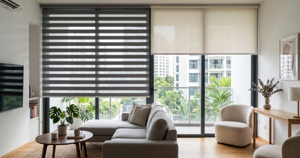 Korean combi blinds beside a roller blind in a Singapore condo living room, Bishan