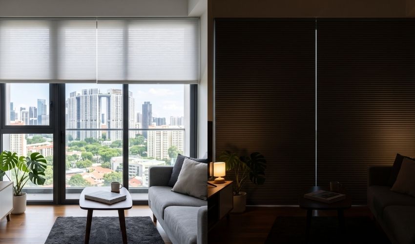 Day vs blackout honeycomb blinds installed side by side in a Bukit Batok home