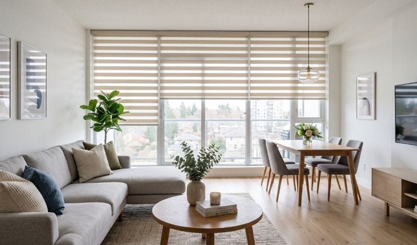 Dimout Korean blinds softening afternoon light in a Singapore condo living room, Clementi
