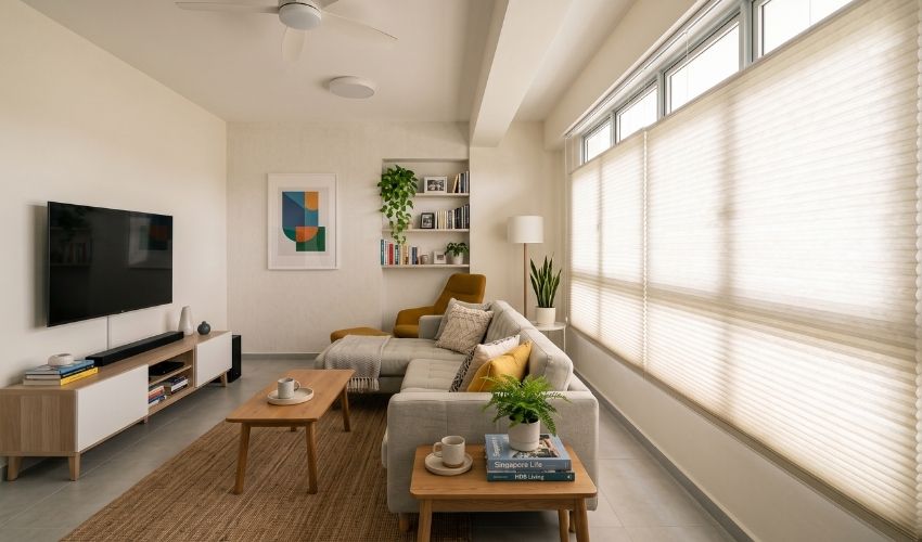 Honeycomb blinds closed during peak sun hours in a Serangoon HDB living room