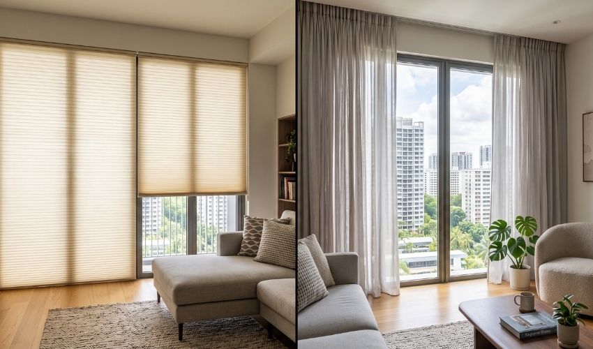 Honeycomb blinds vs curtains heat comparison in a Pasir Ris condo living room