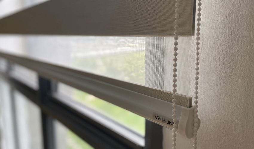 Close-up of striped sheer and solid fabric layers on a Korean combi blind, Woodlands HDB