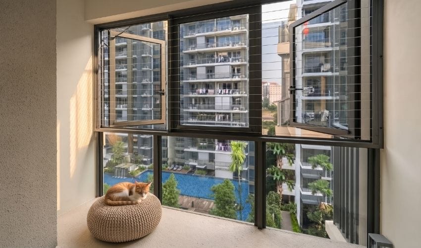 Cat resting indoors beside a window fitted with an invisible grille