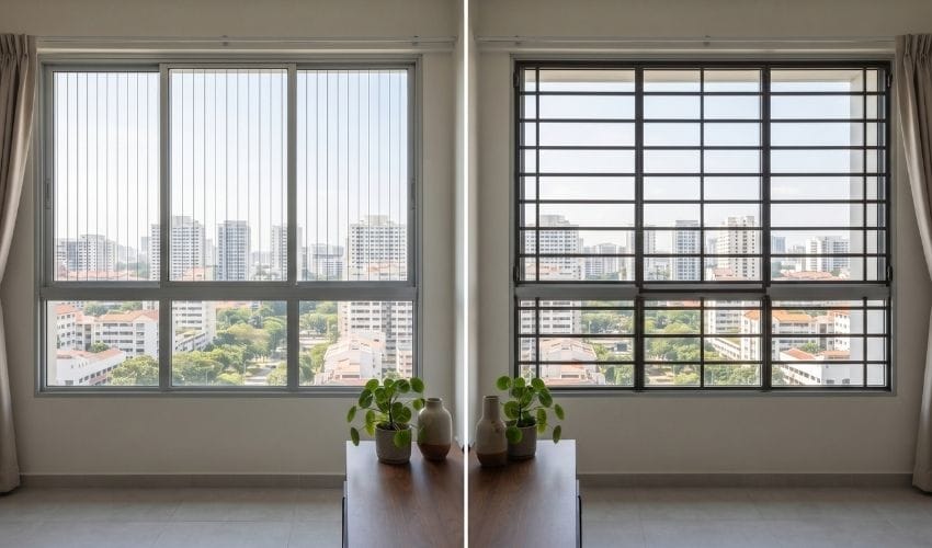 Side-by-side visual of invisible and traditional window grilles