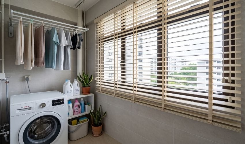Moisture-resistant Polystyrene Venetian blinds in a Singapore HDB service yard