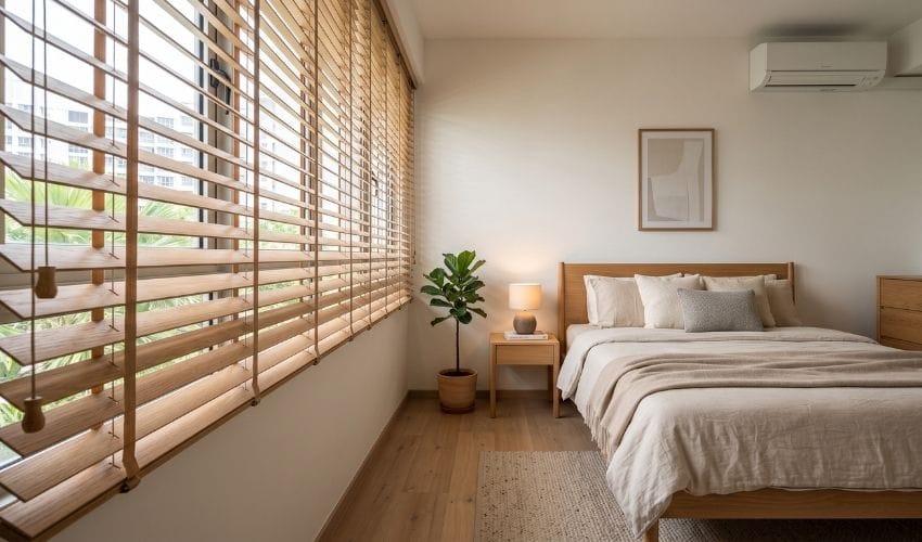 Real wood Venetian blinds providing privacy and light control in a Singapore condo bedroom