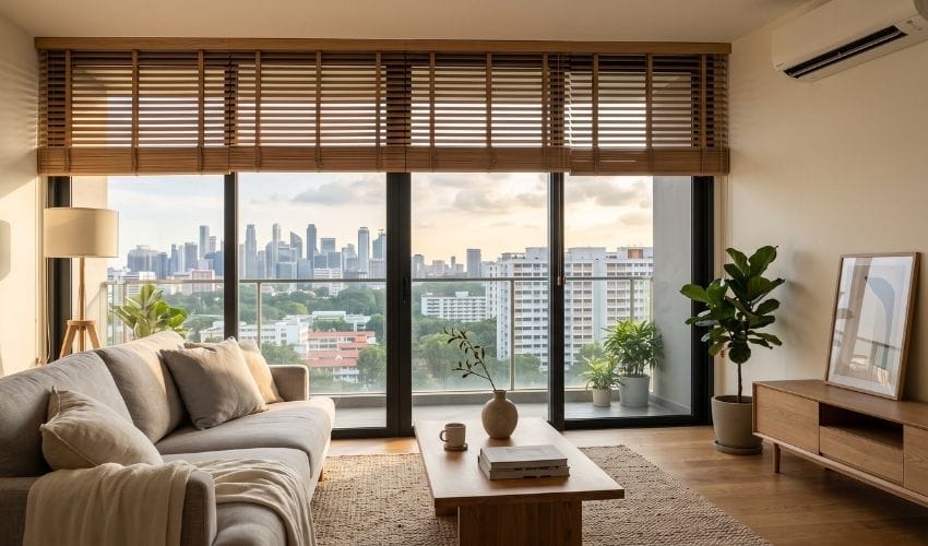 Natural wood Venetian blinds filtering sunlight in a Singapore condominium living room