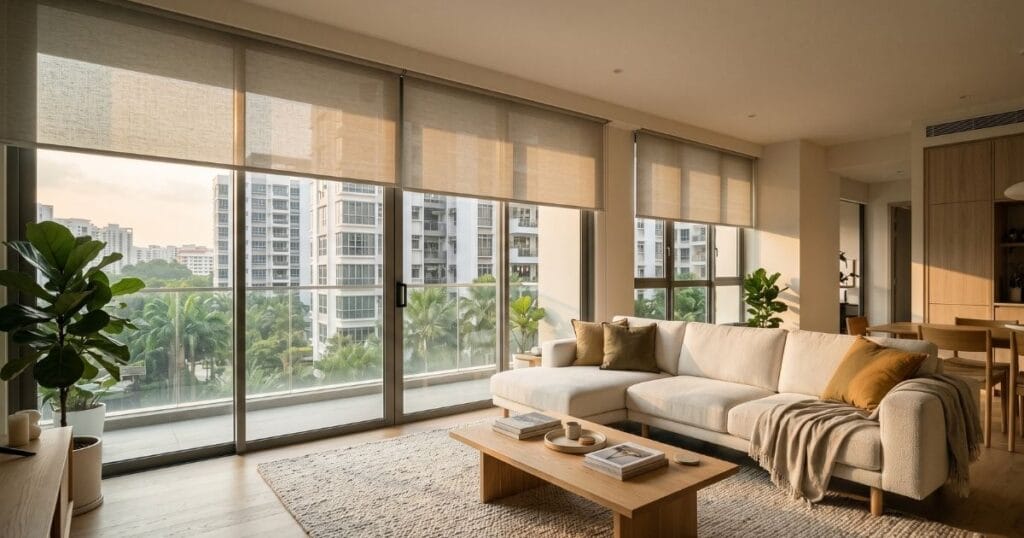 Motorised roller blinds controlling afternoon sunlight in a Singapore condo living room