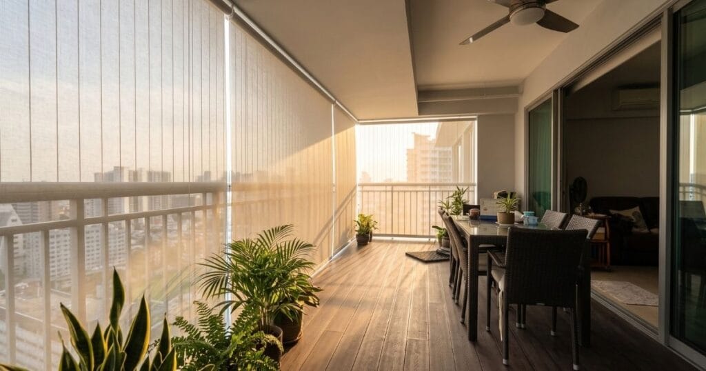 Outdoor blinds shading a modern Singapore condo balcony from afternoon sun