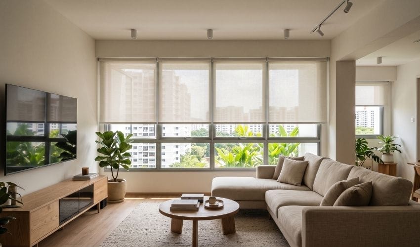 Multiple motorised roller blinds across wide windows in a Bishan condo living room Singapore